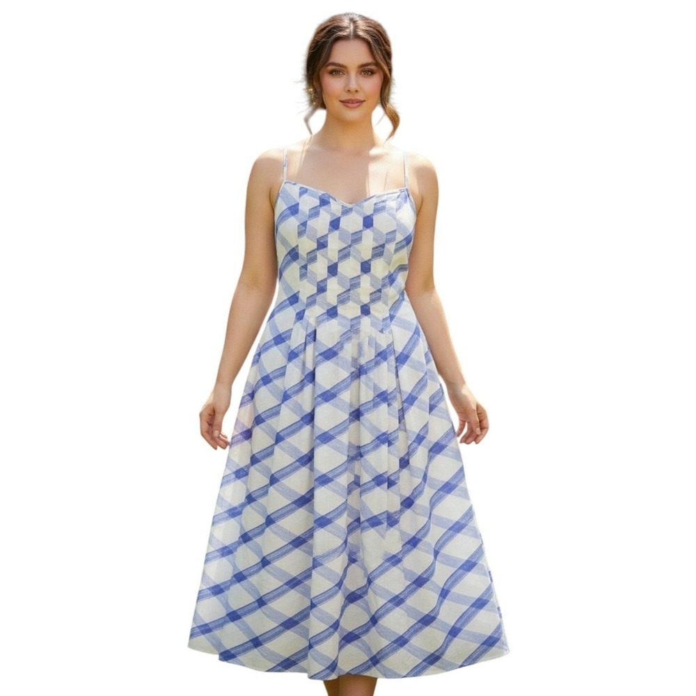 Banana Republic Blue White Plaid Midi Dress Pockets Cottagecore Ethereal Plus 14